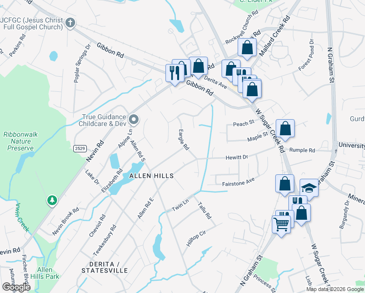 map of restaurants, bars, coffee shops, grocery stores, and more near 2514 Eargle Road in Charlotte