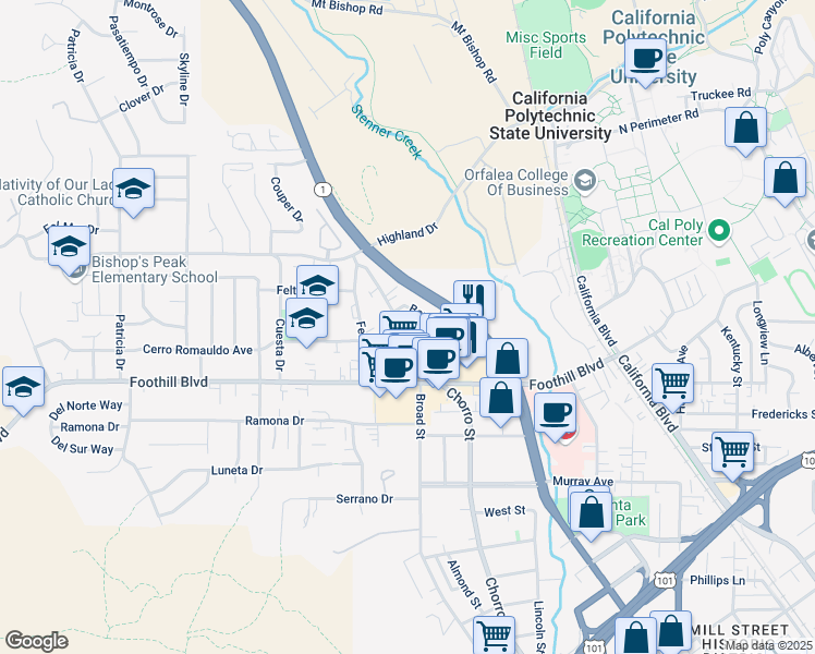 map of restaurants, bars, coffee shops, grocery stores, and more near 324 North Chorro Street in San Luis Obispo