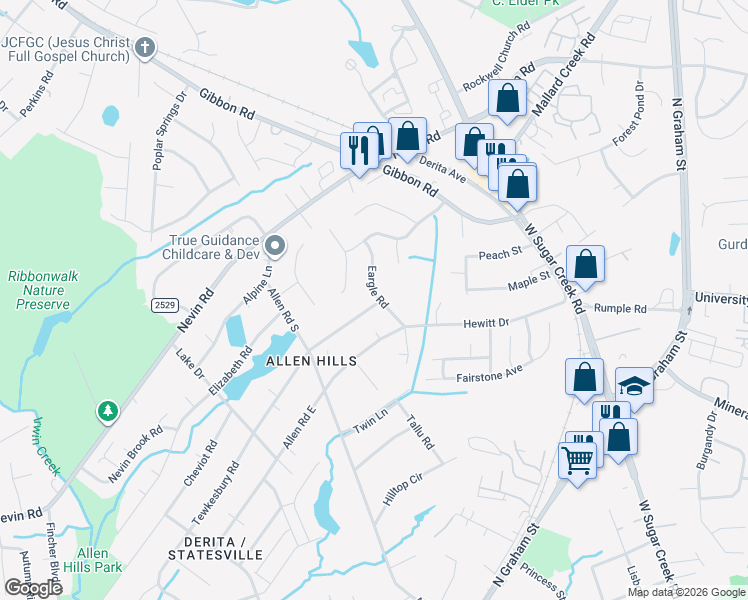 map of restaurants, bars, coffee shops, grocery stores, and more near 2514 Eargle Road in Charlotte