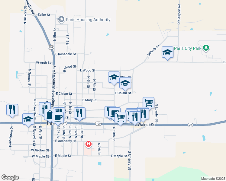 map of restaurants, bars, coffee shops, grocery stores, and more near 602 North 10th Street in Paris