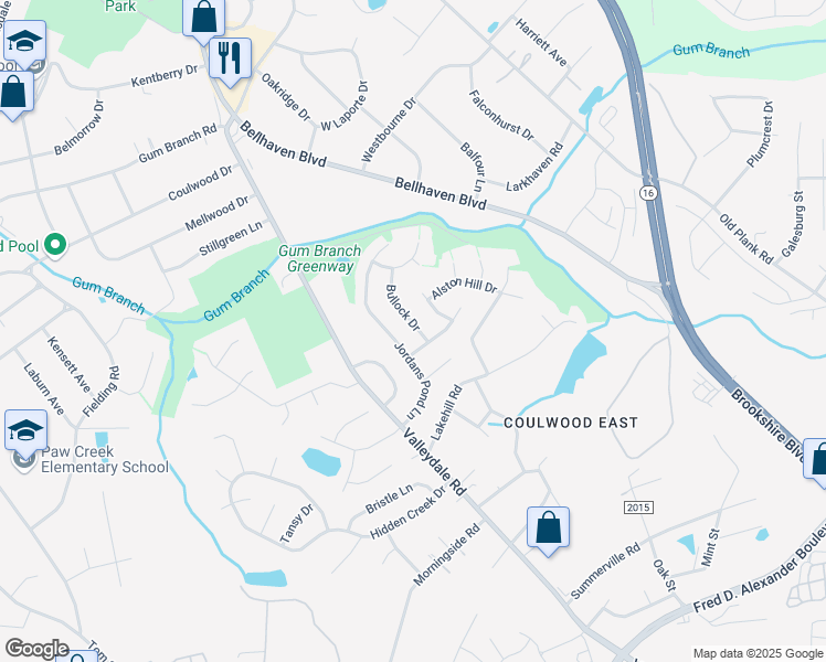 map of restaurants, bars, coffee shops, grocery stores, and more near 7015 Bullock Drive in Charlotte