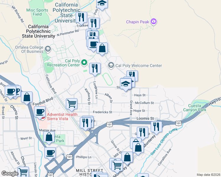 map of restaurants, bars, coffee shops, grocery stores, and more near 1555 Slack Street in San Luis Obispo