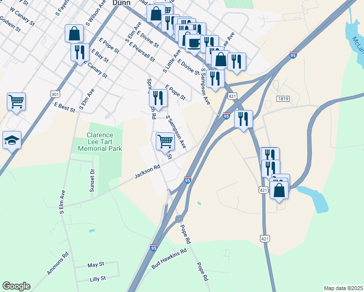 map of restaurants, bars, coffee shops, grocery stores, and more near 908 South Sampson Avenue in Dunn