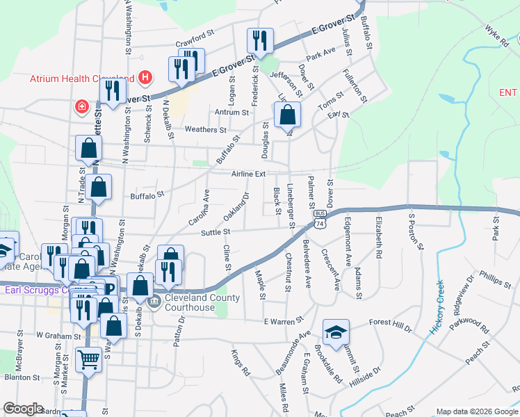 map of restaurants, bars, coffee shops, grocery stores, and more near 213 Knot Street in Shelby