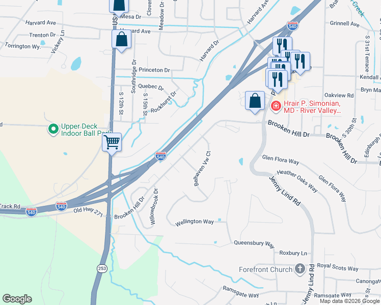 map of restaurants, bars, coffee shops, grocery stores, and more near 1810 Brooken Hill Drive in Fort Smith