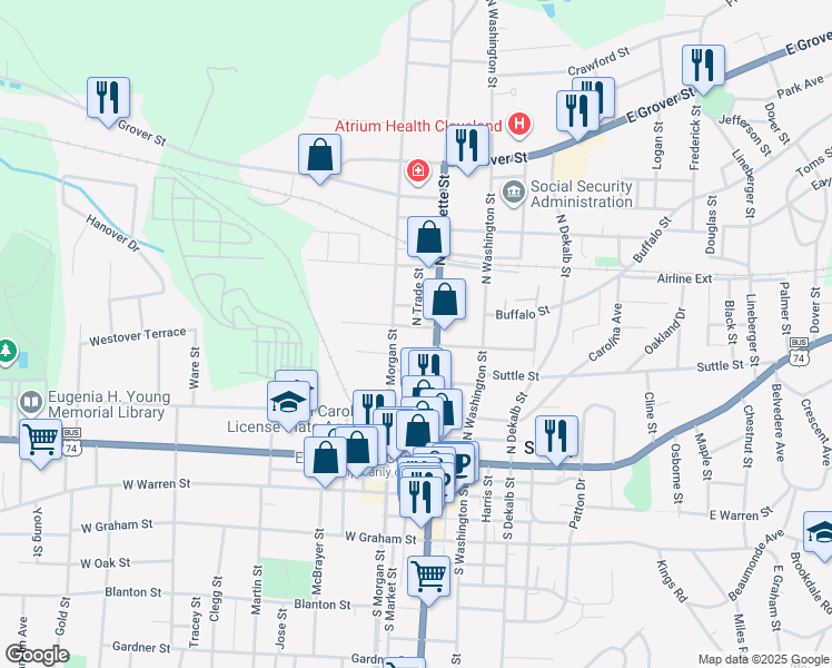 map of restaurants, bars, coffee shops, grocery stores, and more near 319 North Lafayette Street in Shelby