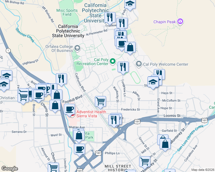 map of restaurants, bars, coffee shops, grocery stores, and more near 31 Hathway Avenue in San Luis Obispo