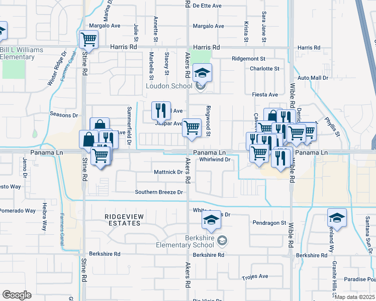 map of restaurants, bars, coffee shops, grocery stores, and more near Akers Rd & Panama Ln in Bakersfield