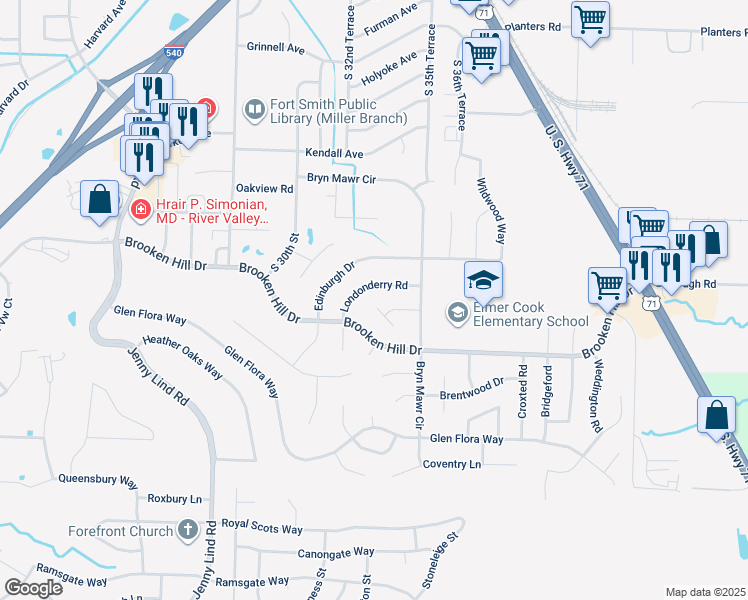 map of restaurants, bars, coffee shops, grocery stores, and more near 3226 Londonderry Road in Fort Smith