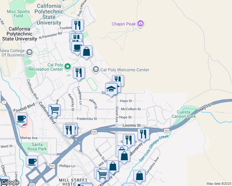map of restaurants, bars, coffee shops, grocery stores, and more near in San Luis Obispo