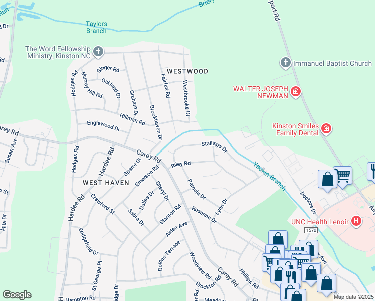 map of restaurants, bars, coffee shops, grocery stores, and more near 2212 Stallings Drive in Kinston