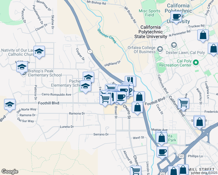 map of restaurants, bars, coffee shops, grocery stores, and more near 305 North Chorro Street in San Luis Obispo