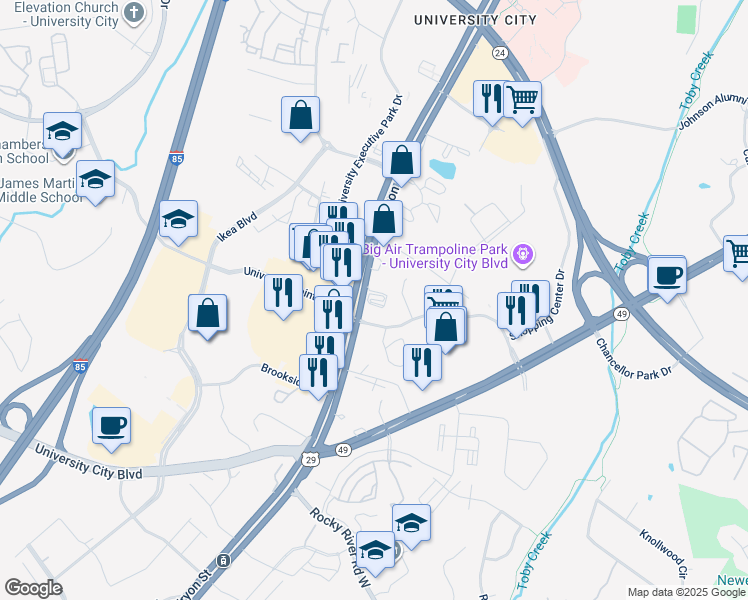 map of restaurants, bars, coffee shops, grocery stores, and more near 7910 North Tryon Street in Charlotte