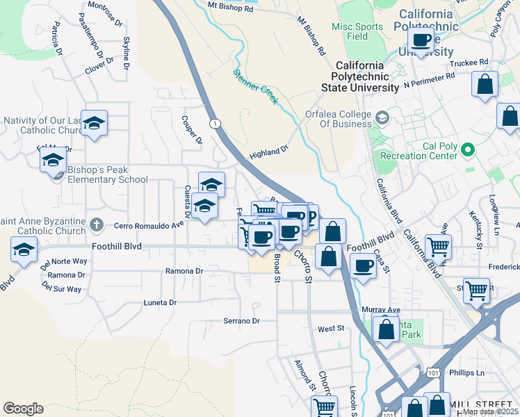 map of restaurants, bars, coffee shops, grocery stores, and more near 355 North Chorro Street in San Luis Obispo