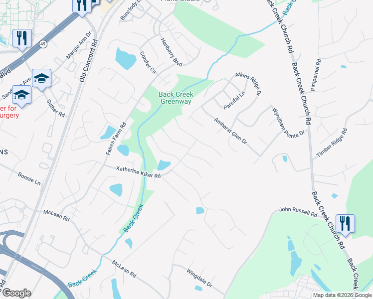 map of restaurants, bars, coffee shops, grocery stores, and more near 2411 Katherine Kiker Road in Charlotte