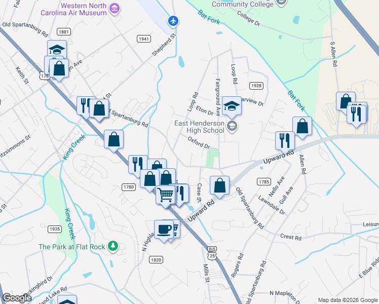 map of restaurants, bars, coffee shops, grocery stores, and more near 1915 Oxford Drive in Hendersonville