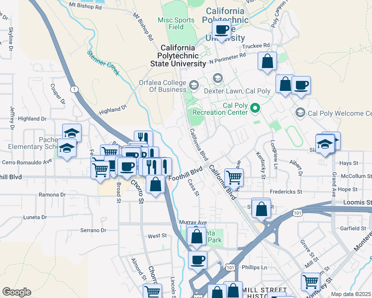 map of restaurants, bars, coffee shops, grocery stores, and more near 63 Mustang Drive in San Luis Obispo