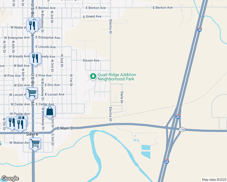 map of restaurants, bars, coffee shops, grocery stores, and more near 2 Misty Lane in Sayre