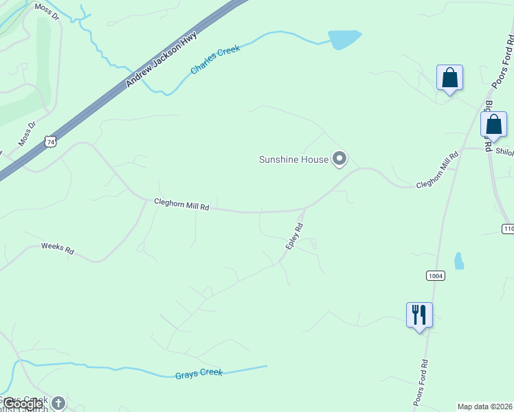 map of restaurants, bars, coffee shops, grocery stores, and more near 544 Cleghorn Mill Road in Rutherfordton