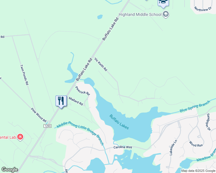 map of restaurants, bars, coffee shops, grocery stores, and more near Peacock Road in Spout Springs