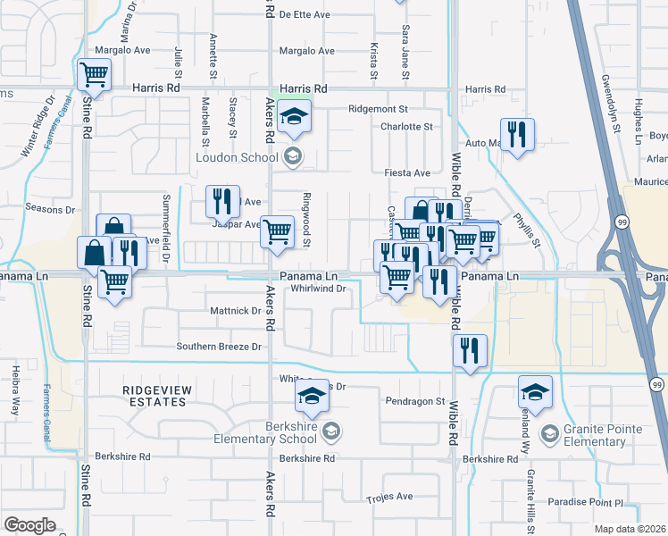 map of restaurants, bars, coffee shops, grocery stores, and more near 6418 Ringsdale Court in Bakersfield