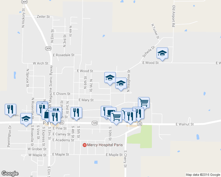 map of restaurants, bars, coffee shops, grocery stores, and more near 602 N 10th St in Paris