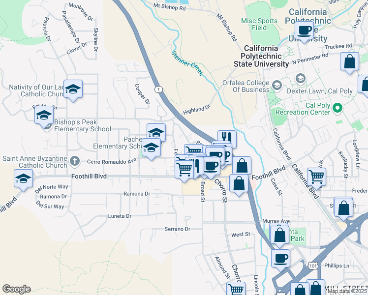 map of restaurants, bars, coffee shops, grocery stores, and more near 375 North Chorro Street in San Luis Obispo