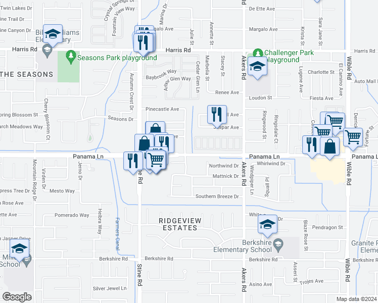 map of restaurants, bars, coffee shops, grocery stores, and more near 6350 Summerfield Drive in Bakersfield