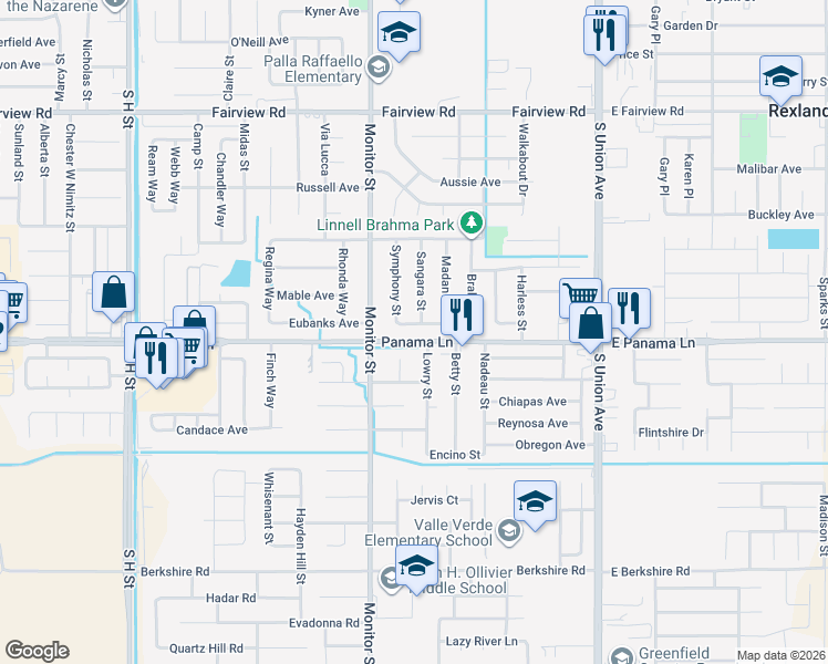 map of restaurants, bars, coffee shops, grocery stores, and more near 6417 Sangara Street in Bakersfield
