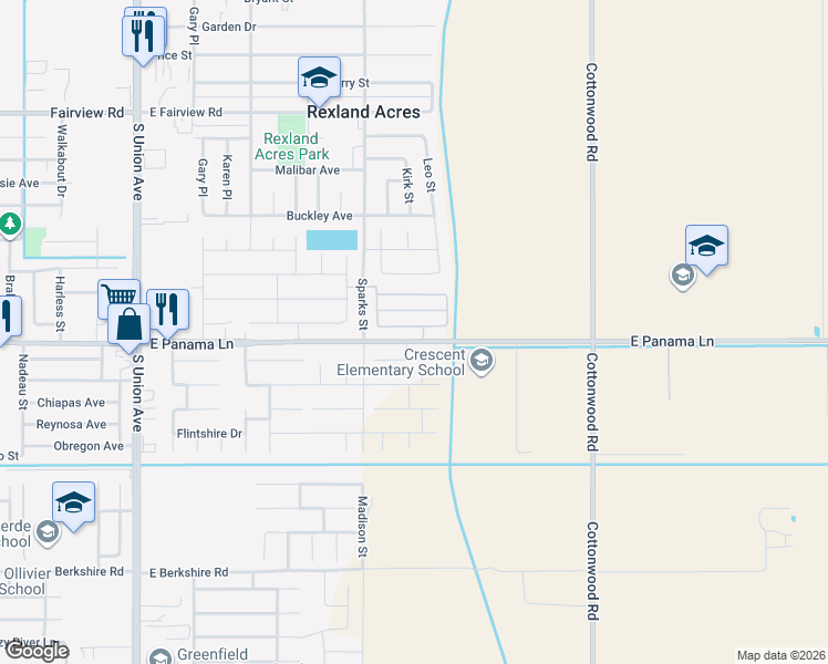 map of restaurants, bars, coffee shops, grocery stores, and more near 698-1698 East Panama Lane in Bakersfield