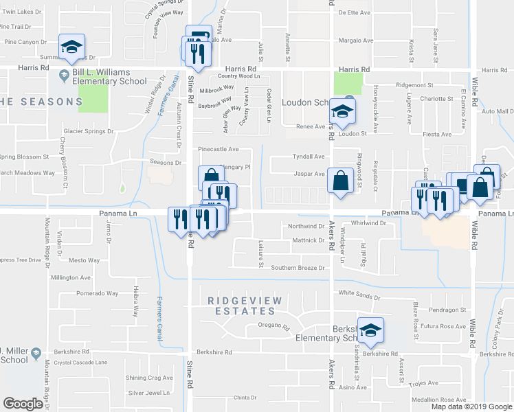 map of restaurants, bars, coffee shops, grocery stores, and more near 6351 Akers Road in Bakersfield
