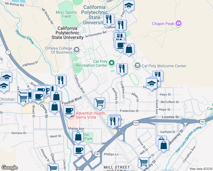 map of restaurants, bars, coffee shops, grocery stores, and more near 31 Hathway Avenue in San Luis Obispo