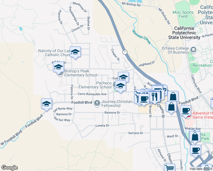 map of restaurants, bars, coffee shops, grocery stores, and more near 420 North Tassajara Drive in San Luis Obispo