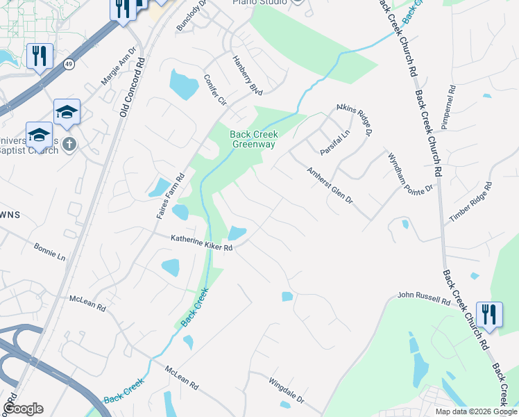 map of restaurants, bars, coffee shops, grocery stores, and more near 2411 Katherine Kiker Road in Charlotte