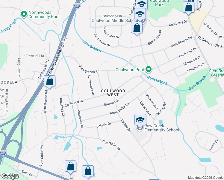 map of restaurants, bars, coffee shops, grocery stores, and more near 1717 Cathey Road in Charlotte
