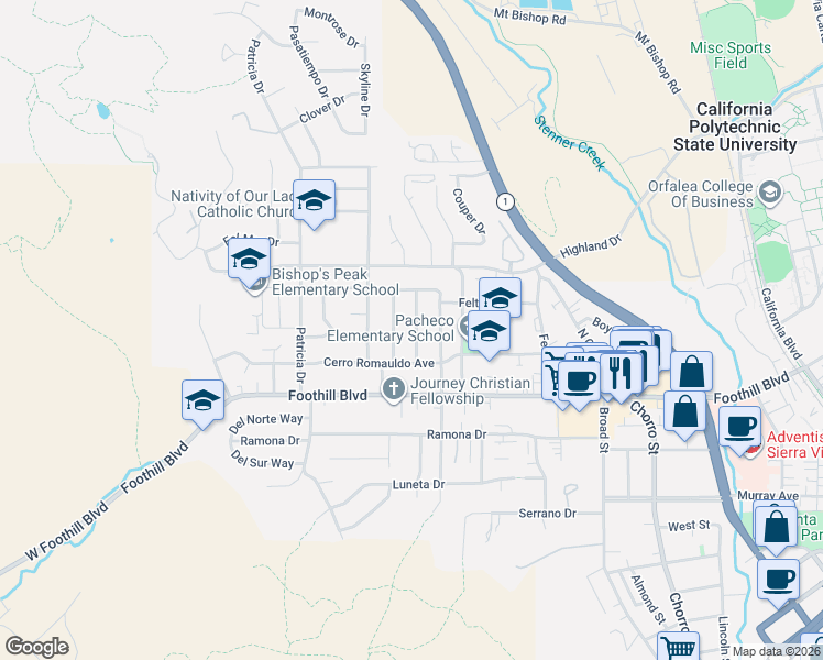 map of restaurants, bars, coffee shops, grocery stores, and more near 305 Santa Lucia Drive in San Luis Obispo