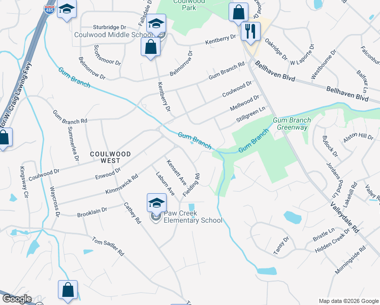 map of restaurants, bars, coffee shops, grocery stores, and more near 208 Birchwood Drive in Charlotte