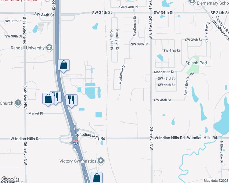 map of restaurants, bars, coffee shops, grocery stores, and more near 1004 Southwest 45th Street in Moore