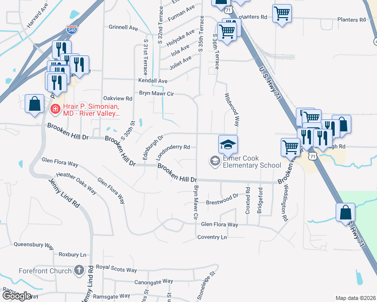 map of restaurants, bars, coffee shops, grocery stores, and more near 3417 Londonderry Road in Fort Smith
