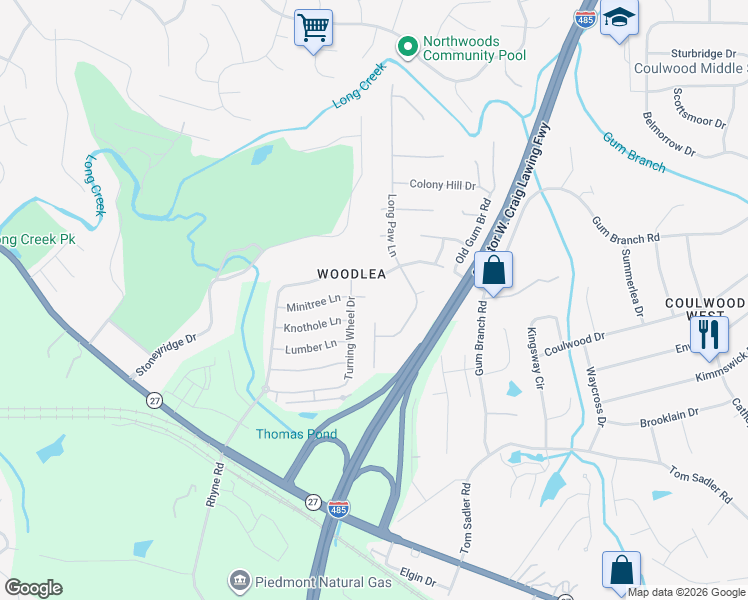 map of restaurants, bars, coffee shops, grocery stores, and more near 103 Minitree Lane in Charlotte
