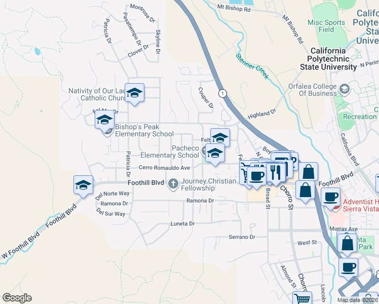 map of restaurants, bars, coffee shops, grocery stores, and more near 420 North Tassajara Drive in San Luis Obispo