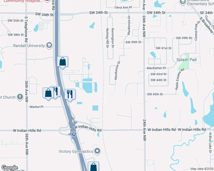 map of restaurants, bars, coffee shops, grocery stores, and more near 4513 Katie Ridge Drive in Moore