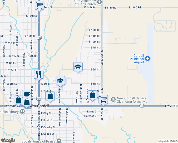 map of restaurants, bars, coffee shops, grocery stores, and more near 1006 East 5th Street in New Cordell