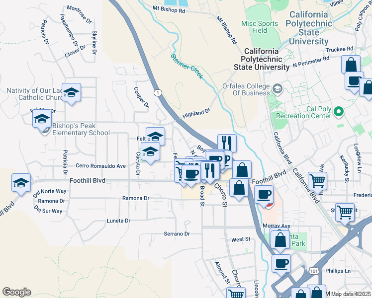 map of restaurants, bars, coffee shops, grocery stores, and more near 385 North Chorro Street in San Luis Obispo