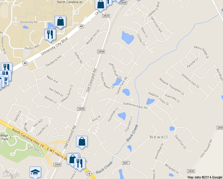 map of restaurants, bars, coffee shops, grocery stores, and more near 1716 Gordon Walters Drive in Charlotte