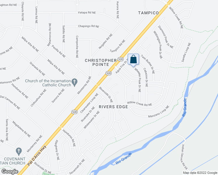 map of restaurants, bars, coffee shops, grocery stores, and more near 2151 Blue River Court Northeast in Rio Rancho