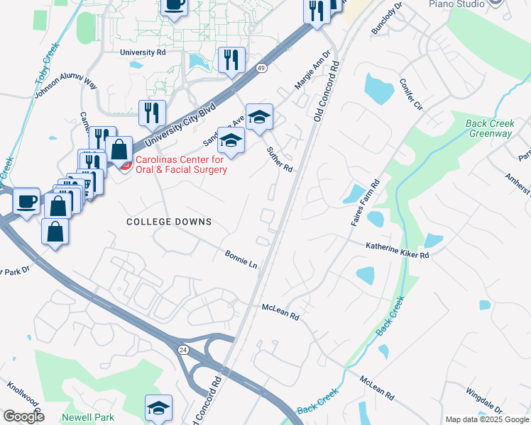 map of restaurants, bars, coffee shops, grocery stores, and more near 9445 Lexington Circle in Charlotte