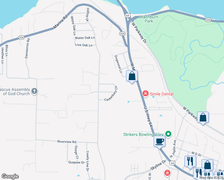 map of restaurants, bars, coffee shops, grocery stores, and more near 203 Canterbury Circle in Russellville