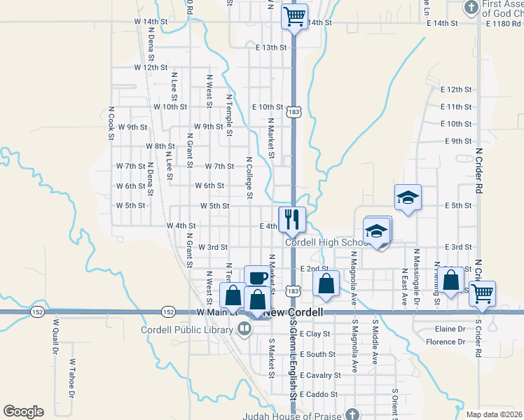 map of restaurants, bars, coffee shops, grocery stores, and more near 116 5th Street in New Cordell