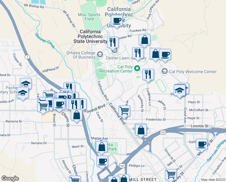 map of restaurants, bars, coffee shops, grocery stores, and more near 1236 Monte Vista Place in San Luis Obispo